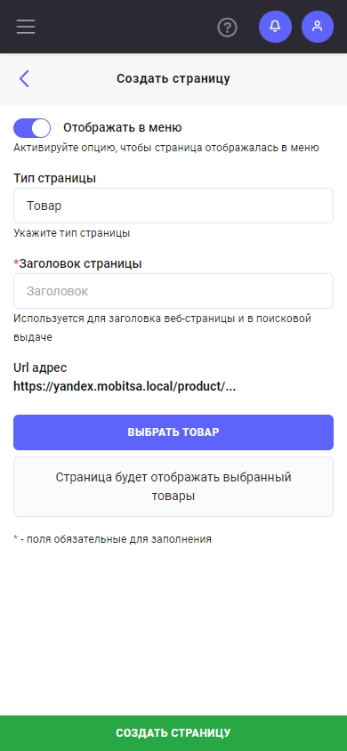 Форма создания страницы с типом «Товар»